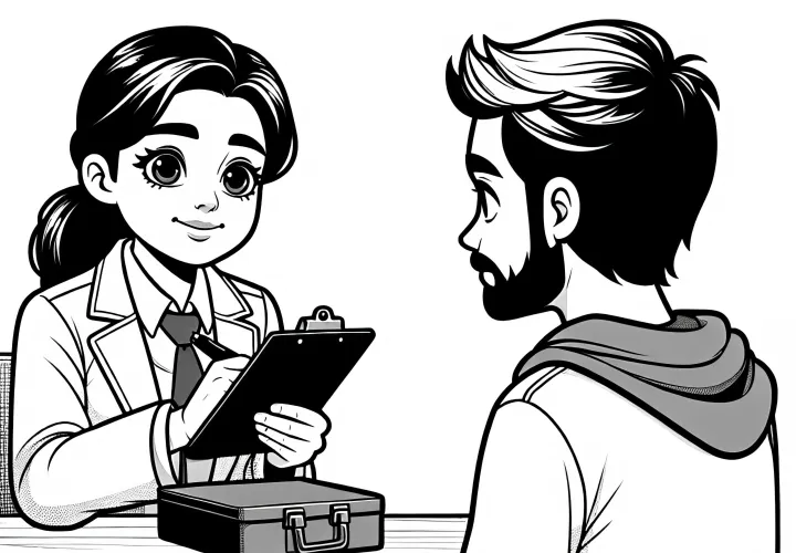 Detektivin bei Befragung eines Verdächtigen – Ausmalbild einfach und gratis