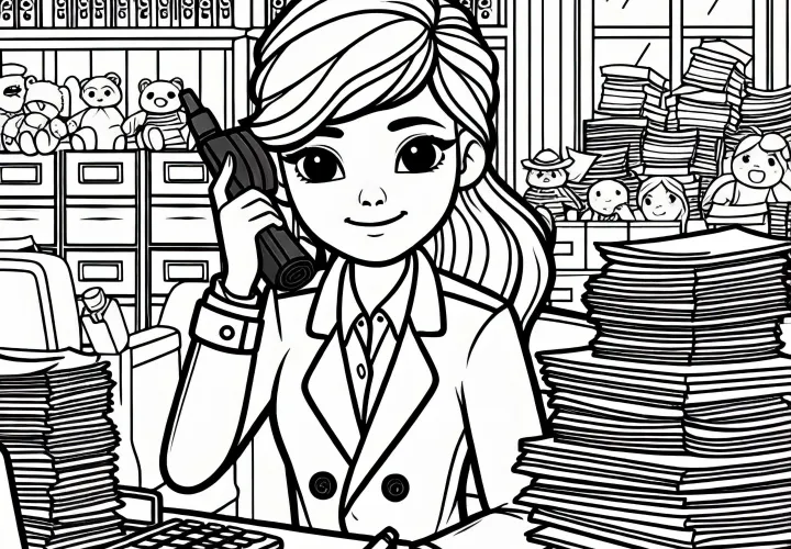 Detektivin im Büro voller Akten – Ausmalbild einfach gratis