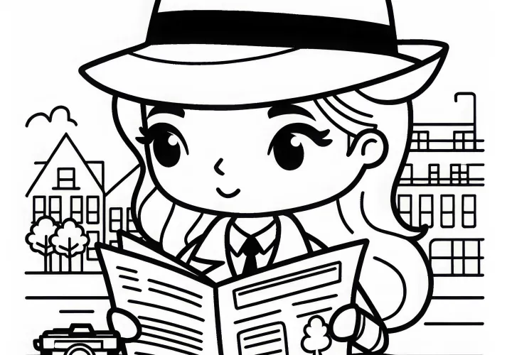 Detektivin mit Zeitung – Ausmalbild einfach kostenlos