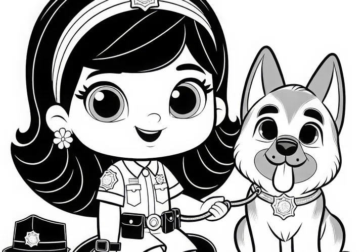 Detektivin bei der Arbeit mit Schäferhund – Ausmalbild einfach und gratis