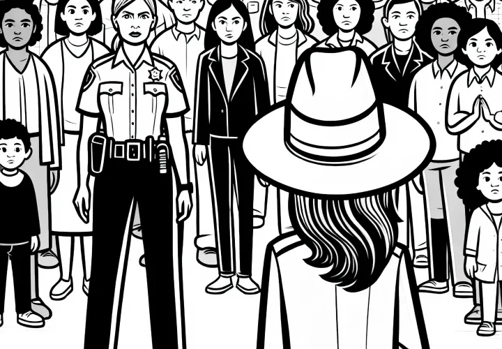 Detektivin beobachtet die Verdächtigen in Menschenmenge – Ausmalbild kostenlos