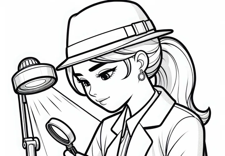 Detektivin bei der Analyse eines Beweisstücks – Malvorlage kostenlos