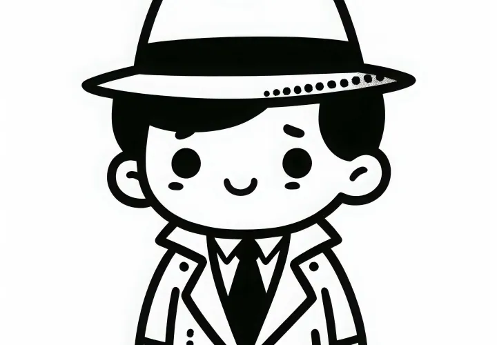 Hut und Trenchcoat eines Detektivs – Ausmalbild einfach kostenlos
