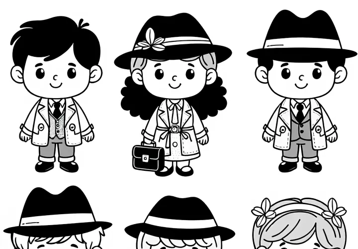 Kinder, die sich als Detektive verkleiden – Malvorlage einfach gratis