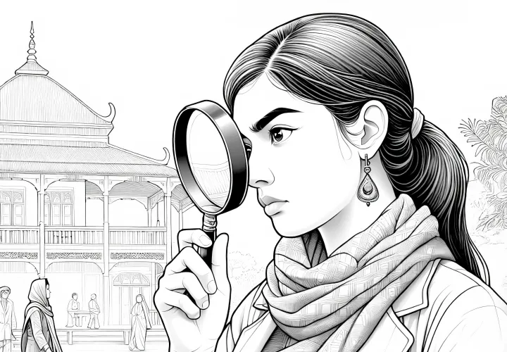 Detektivin mit Lupe – Ausmalbild in hohem Detailreichtum kostenlos herunterladen