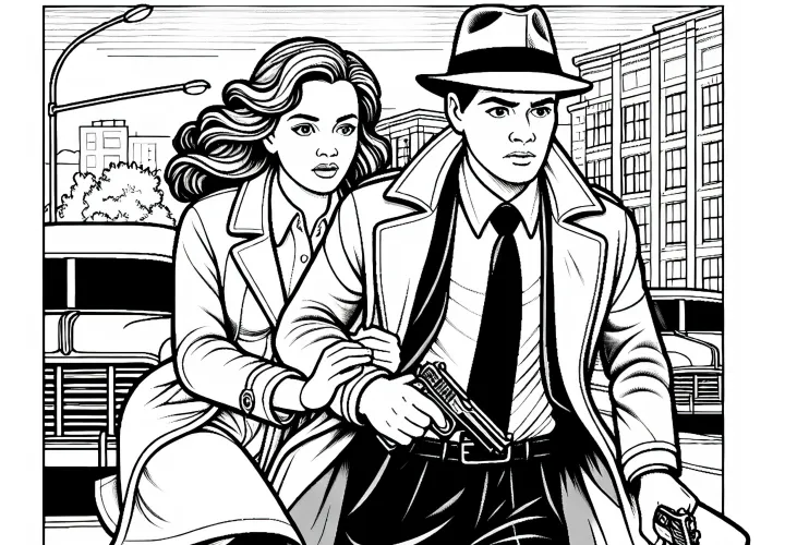 Detektiv in Verfolgungsszene – Malvorlage detailreich und gratis