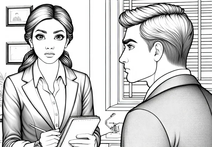 Detektivin bei Befragung eines Verdächtigen – Ausmalbild zum kostenlosen Download