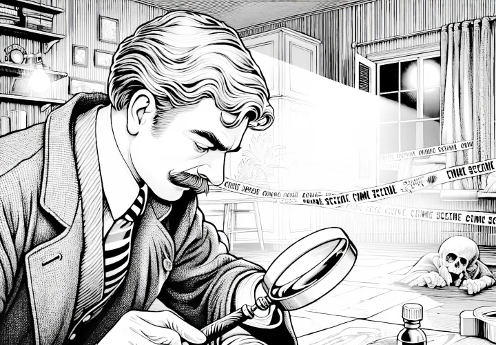 Detektiv untersucht Fingerabdrücke – Malvorlage detailreich gratis