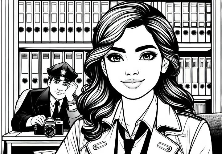 Detektivin im Büro – Malvorlage detailreich und kostenlos