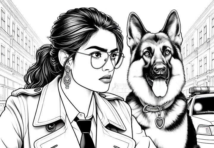 Detektivin bei der Arbeit mit Schäferhund – Ausmalbild in Detailreich und Kostenlos Detektivin bei der Arbeit mit Schäferhund – Ausmalbild in Detailreich und Kostenlos
