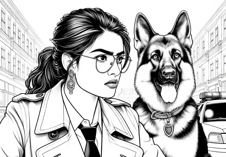 Detektivin bei der Arbeit mit Schäferhund – Ausmalbild in Detailreich und Kostenlos