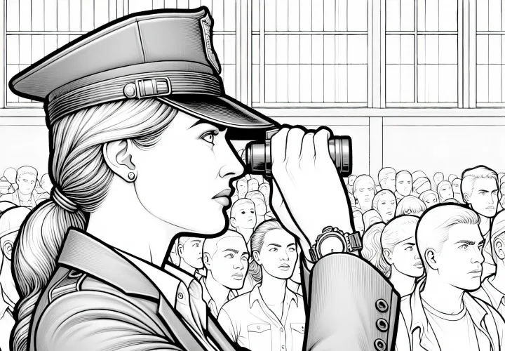 Die Detektivin beobachtet die Verdächtigen in der Menschenmenge – Ausmalbild kostenlos