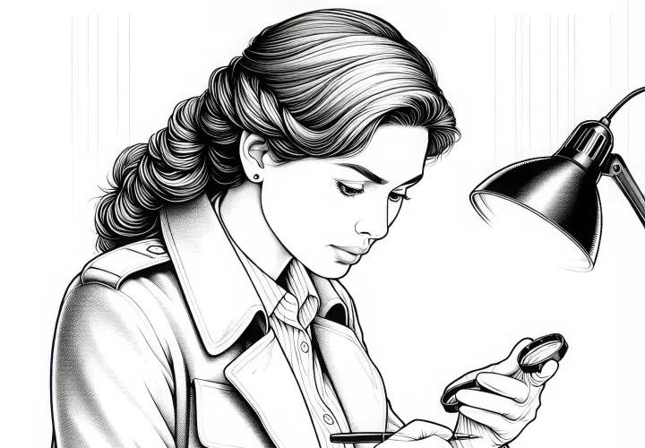 Detektivin bei der Analyse eines Beweisstücks – Ausmalbild