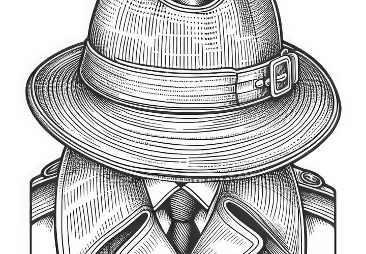 Hut und Trenchcoat eines Detektivs – Malvorlage detailreich und gratis