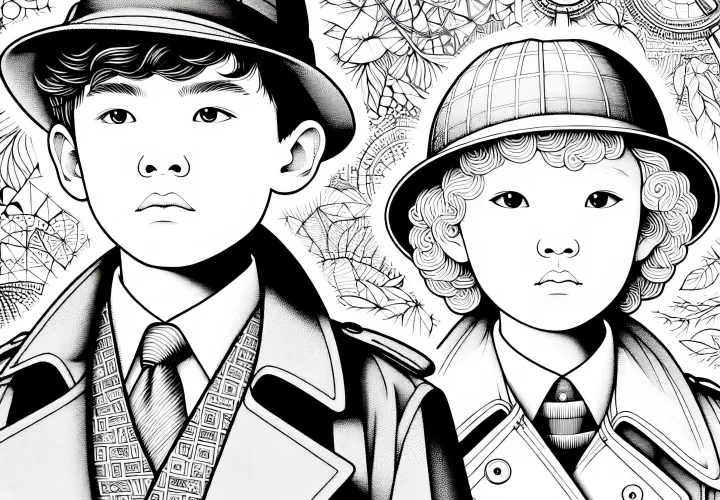 Kinder, die sich als Detektive verkleiden – Malvorlage detailreich gratis