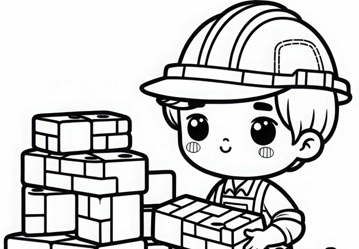 Construction worker carrying bricks on a construction site - coloring template simple and free Construction worker carries bricks on construction site - Coloring page simple free