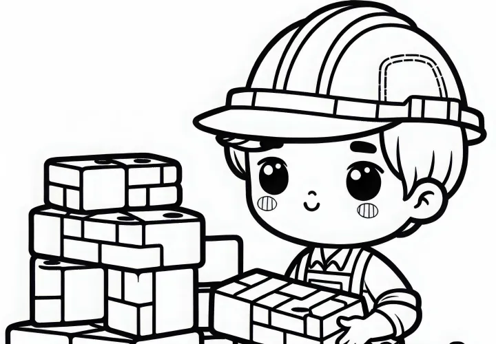 Bauarbeiter trägt Ziegelsteine auf Baustelle – Malvorlage einfach kostenlos