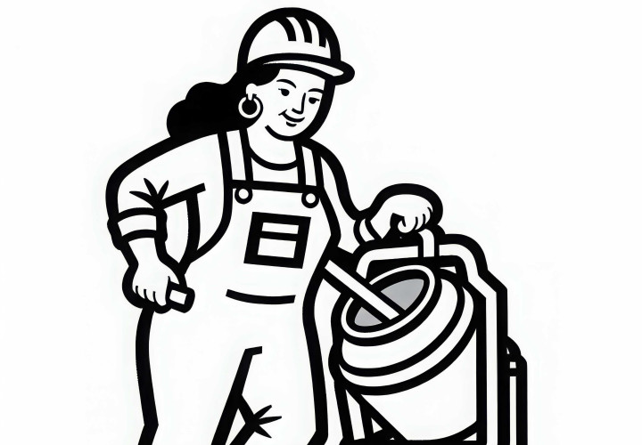 Femeie muncitor în construcții lângă mixer de beton - Imagine de colorat simplă gratuită