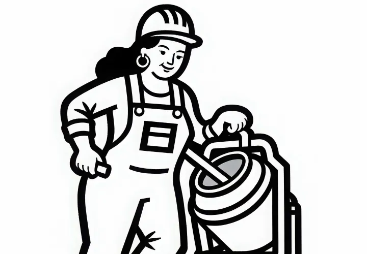 Bauarbeiterin neben Betonmischer - Ausmalbild einfach kostenlos