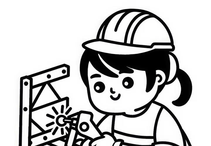 Bauarbeiterin schweißt Metallträger zusammen: Malvorlage einfach gratis
