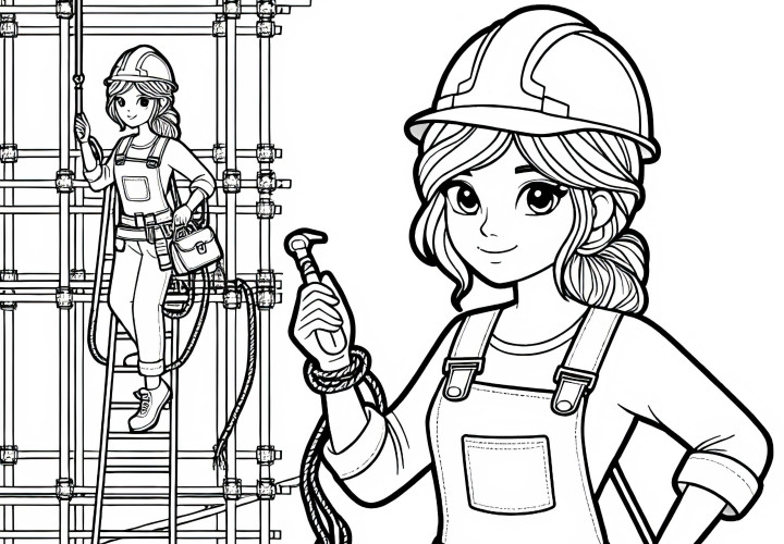 Construction Worker on Scaffolding – Coloring Page Free Female construction worker on scaffold – Coloring page free