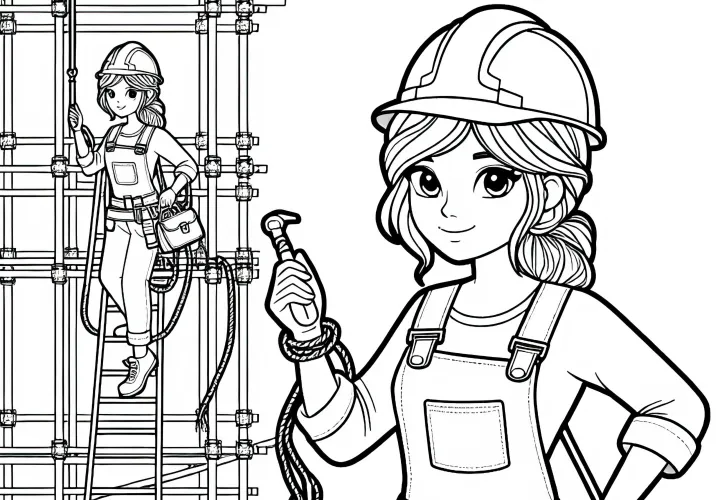 Bauarbeiterin auf Gerüst – Ausmalbild Kostenlos