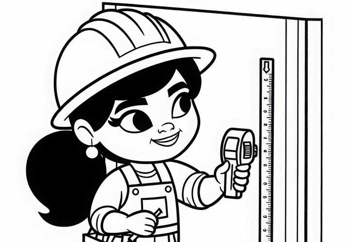 Construction worker measures a wall with a tape measure - Free coloring template Construction worker measures a wall with a measuring tape - Free coloring template