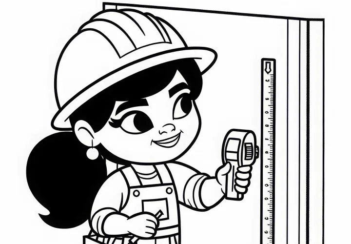Bauarbeiterin misst mit einem Maßband eine Wand – Malvorlage kostenlos