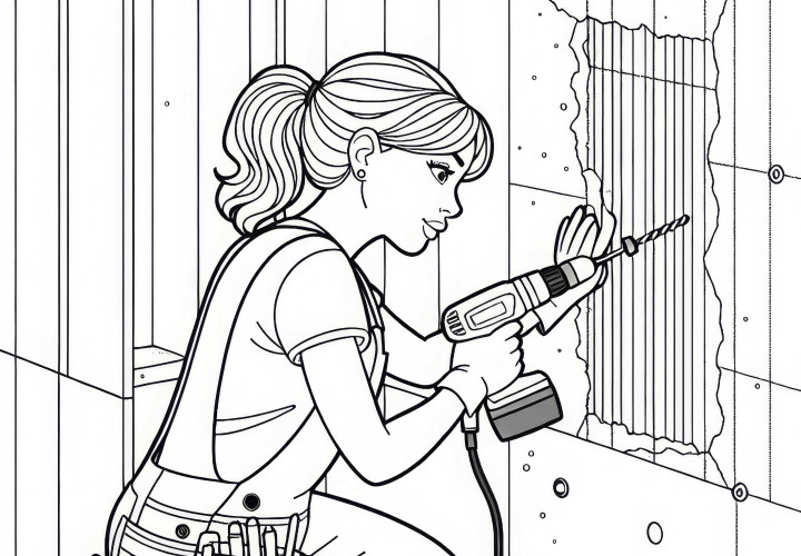 Construction worker drills holes in concrete wall – Free coloring page Construction worker drills holes in concrete wall – Free coloring page