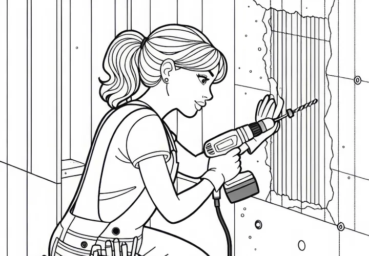 Bauarbeiterin bohrt Löcher in Betonwand – Ausmalbild kostenlos