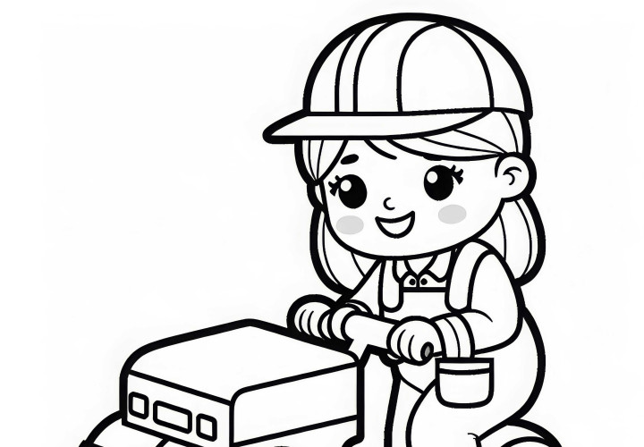 Female construction worker carrying out roadworks with a roller – Free simple coloring page Female construction worker performs road work with a roller - coloring page easy free