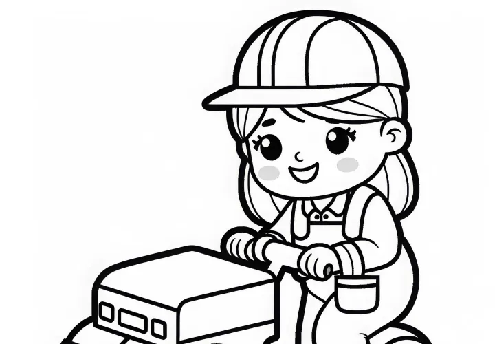 Bauarbeiterin führt Straßenarbeiten mit Walze aus – Ausmalbild einfach kostenlos