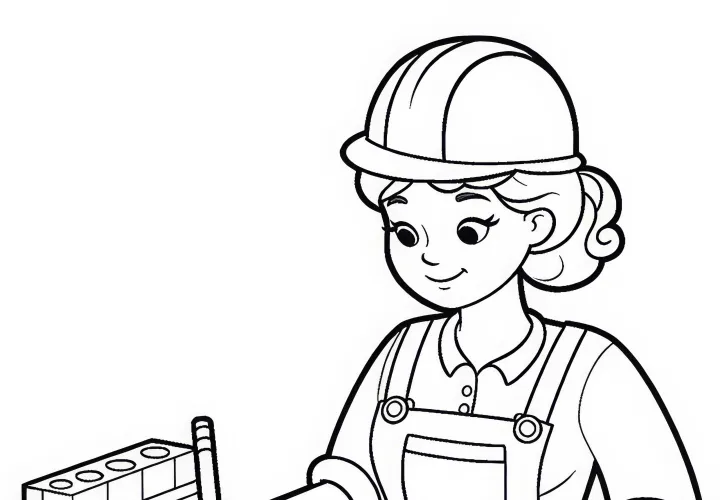 Bauarbeiterin macht Bauzeichnung am Tisch - Ausmalbild gratis