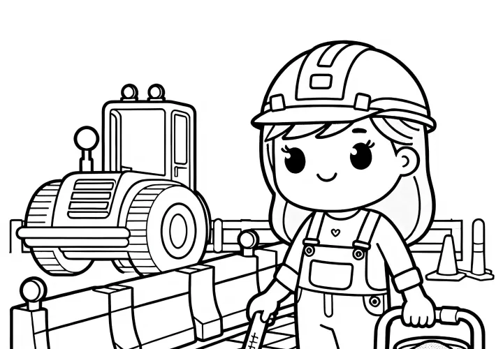 Straßenbaustelle mit Bauarbeitern – Ausmalbild einfach und gratis