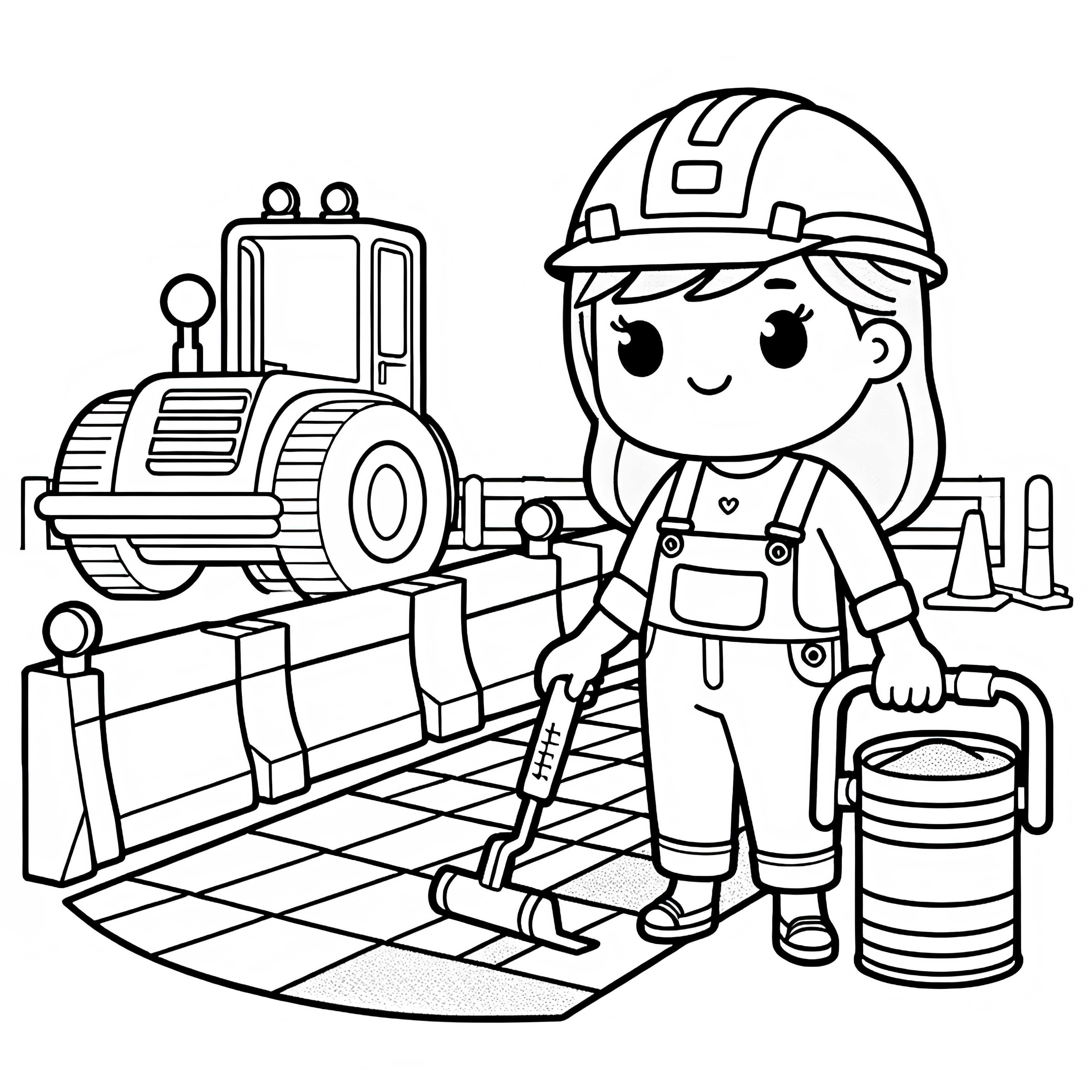 Road construction site with construction workers - coloring page easy and free