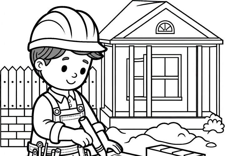 Construction site during house construction with construction workers - Coloring page Simple Free Construction site during house building with construction workers - Coloring page simple free