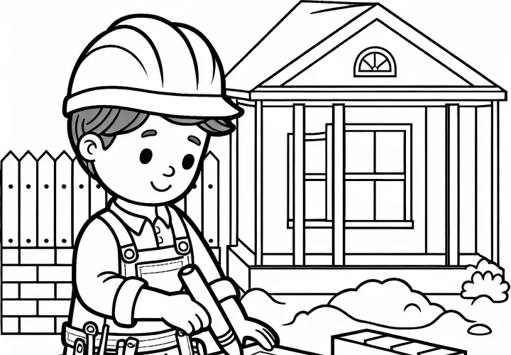 Baustelle beim Hausbau mit Bauarbeitern - Malvorlage Einfach Kostenlos