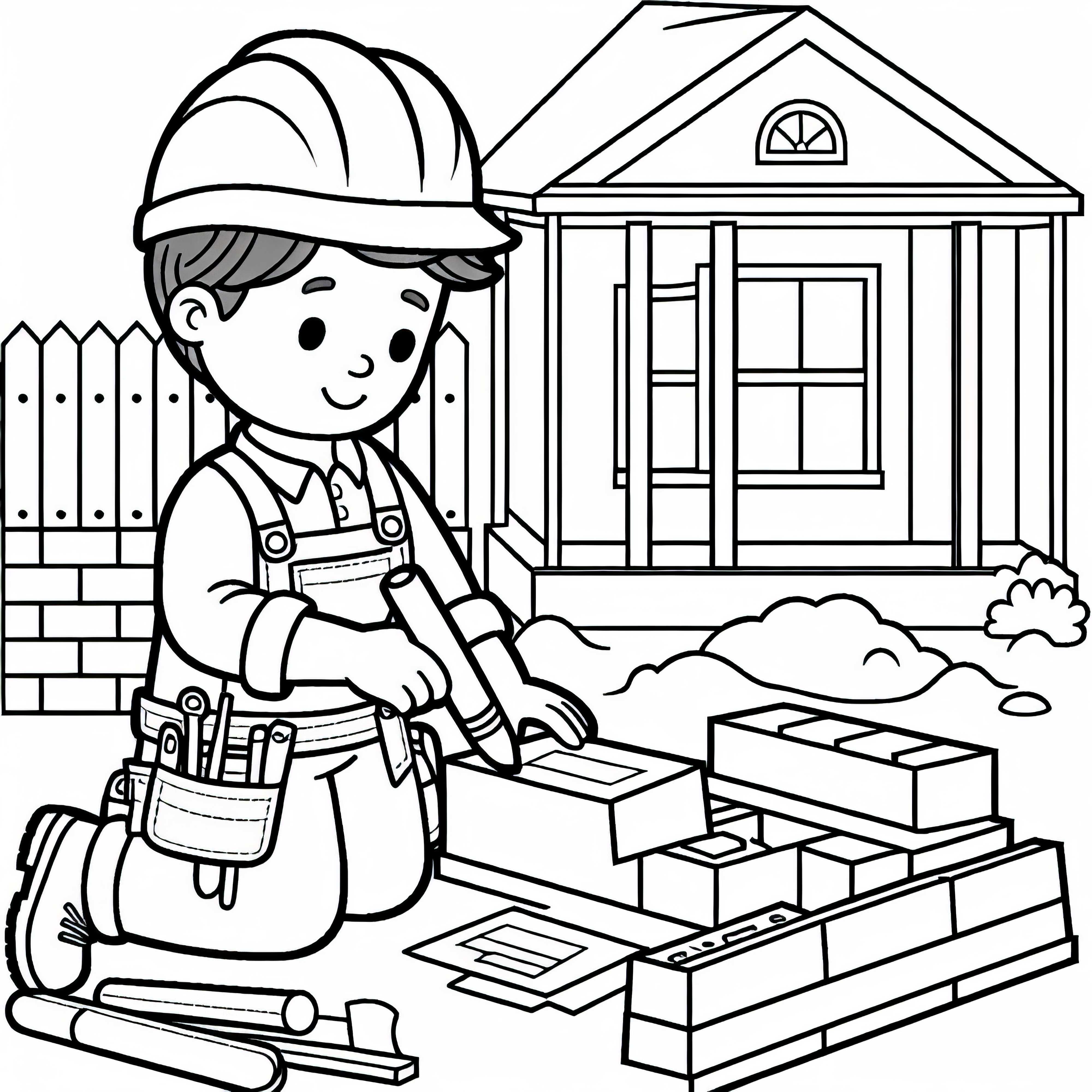 Construction site during house building with construction workers - Coloring template Simple Free