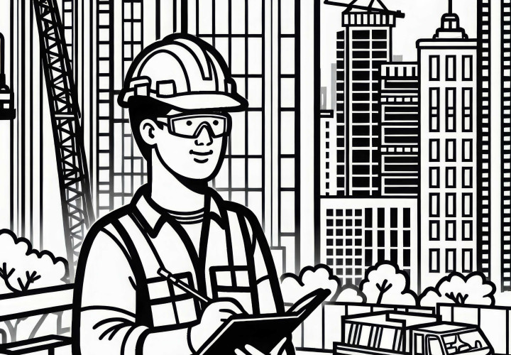 Construction site for the construction of a skyscraper with construction workers - free coloring page Construction site for the construction of a high-rise building with construction workers - Free coloring page