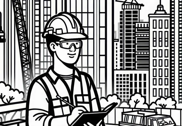 Baustelle bei Bau eines Hochhauses mit Bauarbeitern - Ausmalbild kostenlos