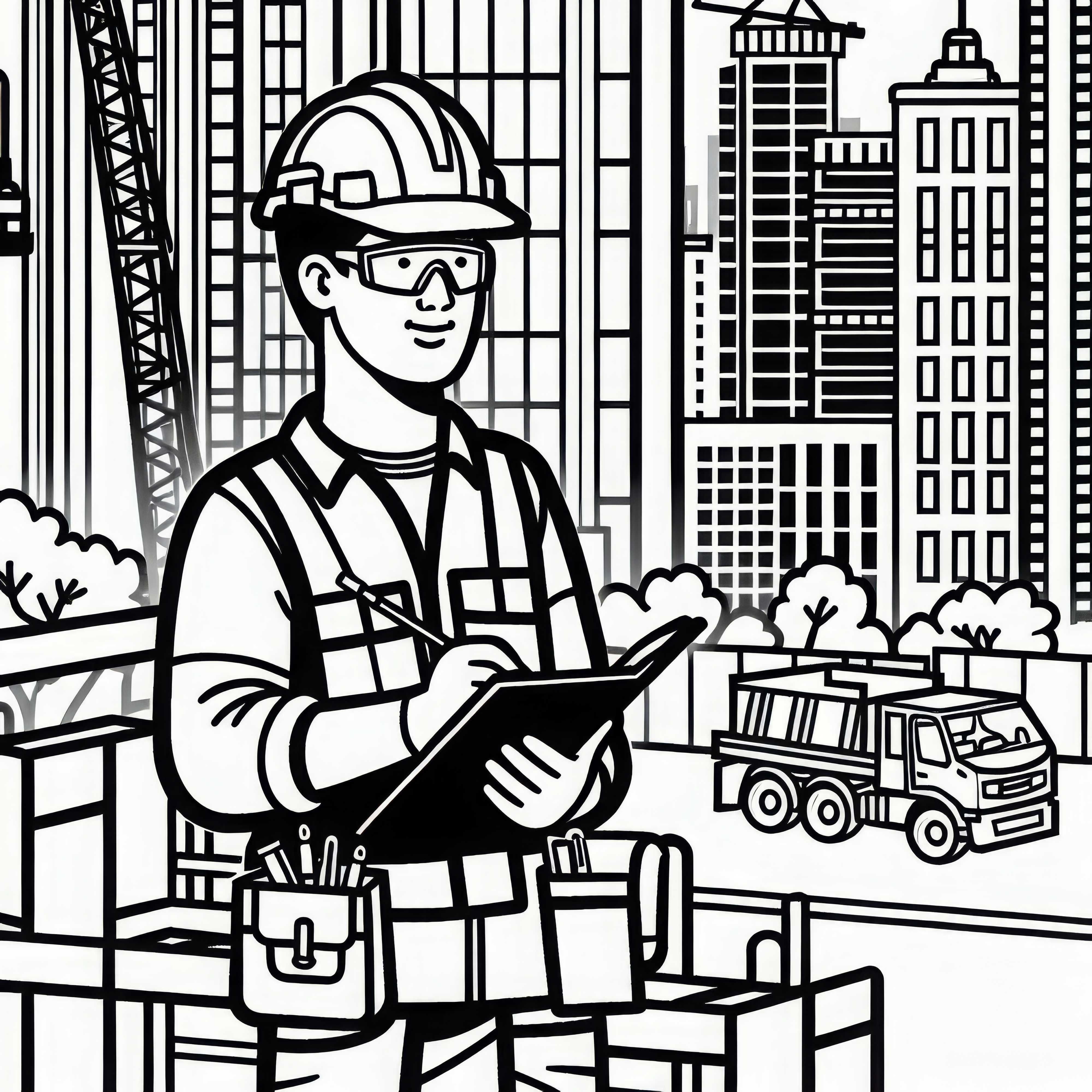 Construction site for the building of a high-rise with construction workers - Free coloring page