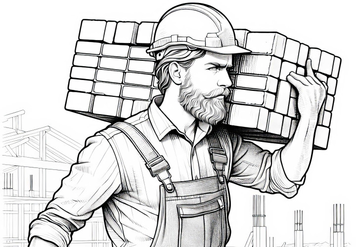 Construction worker carrying bricks on construction site - Detailed coloring page free of charge