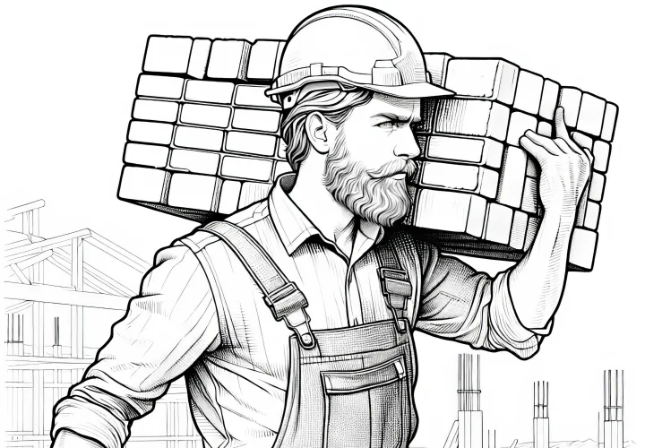 Bauarbeiter trägt Ziegelsteine auf Baustelle - Malvorlage detailreich kostenlos