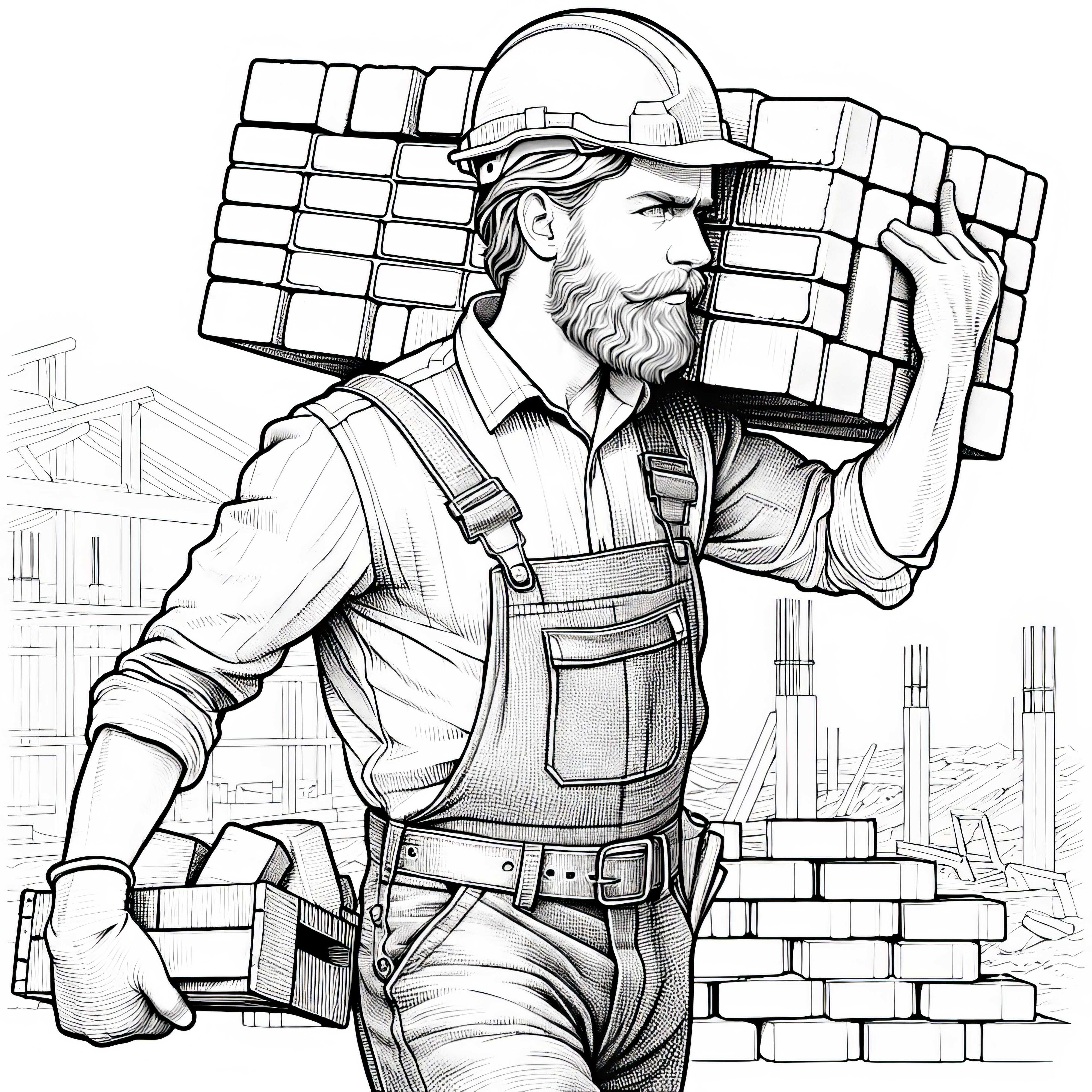 Construction worker carries bricks on the construction site - detailed coloring template for free