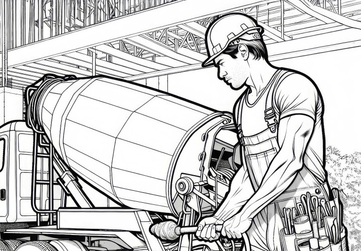 Construction worker next to concrete mixer – detailed coloring page for free Construction worker next to concrete mixer – detailed coloring page for free