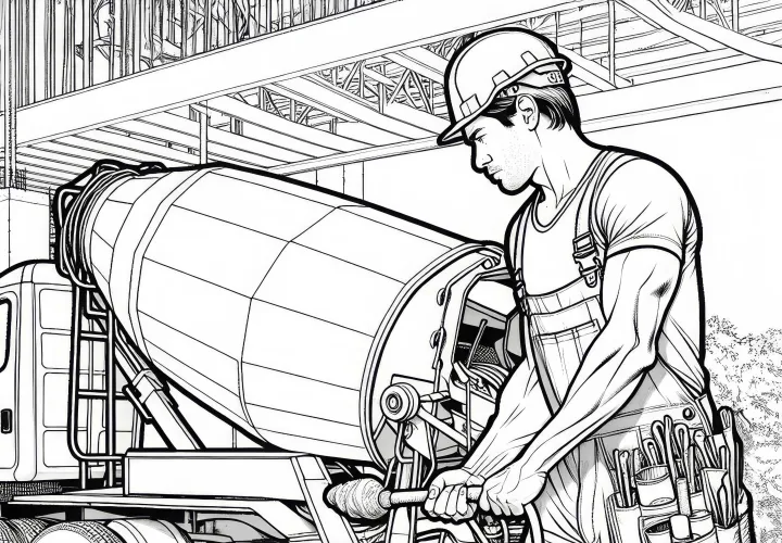 Bauarbeiter neben Betonmischer – detailreiches Ausmalbild kostenlos