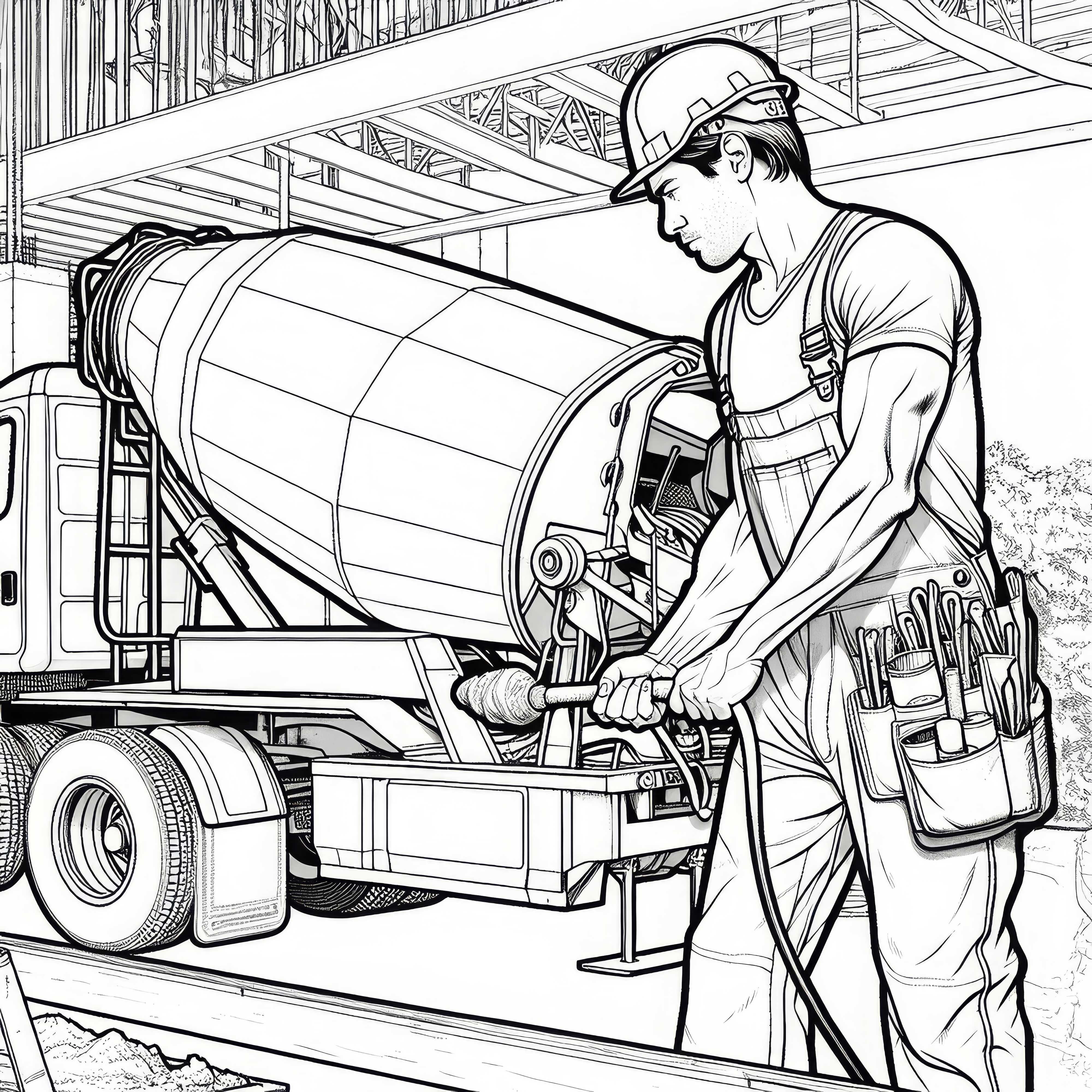 Construction worker next to concrete mixer - detailed coloring page for free