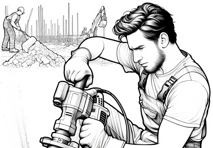Construction worker with jackhammer - Detailed coloring page for free Construction worker with jackhammer - Detailed coloring page for free