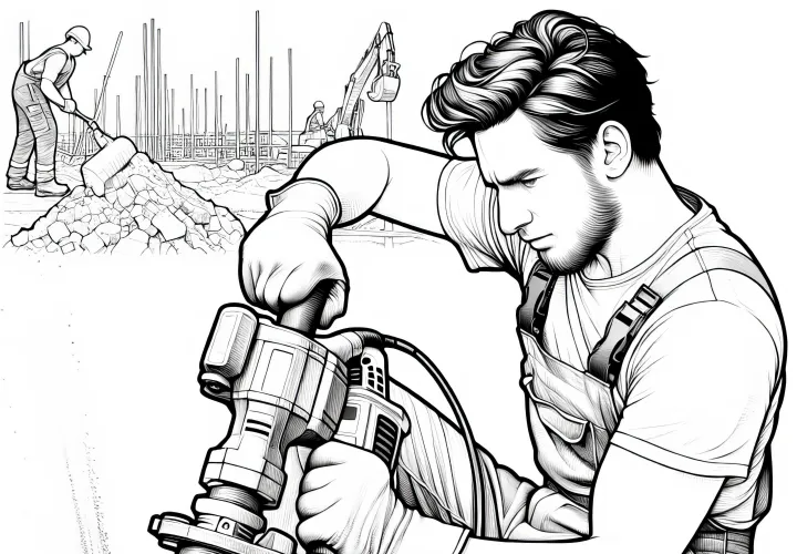 Bauarbeiter mit Presslufthammer - Detailreiches Ausmalbild Kostenlos