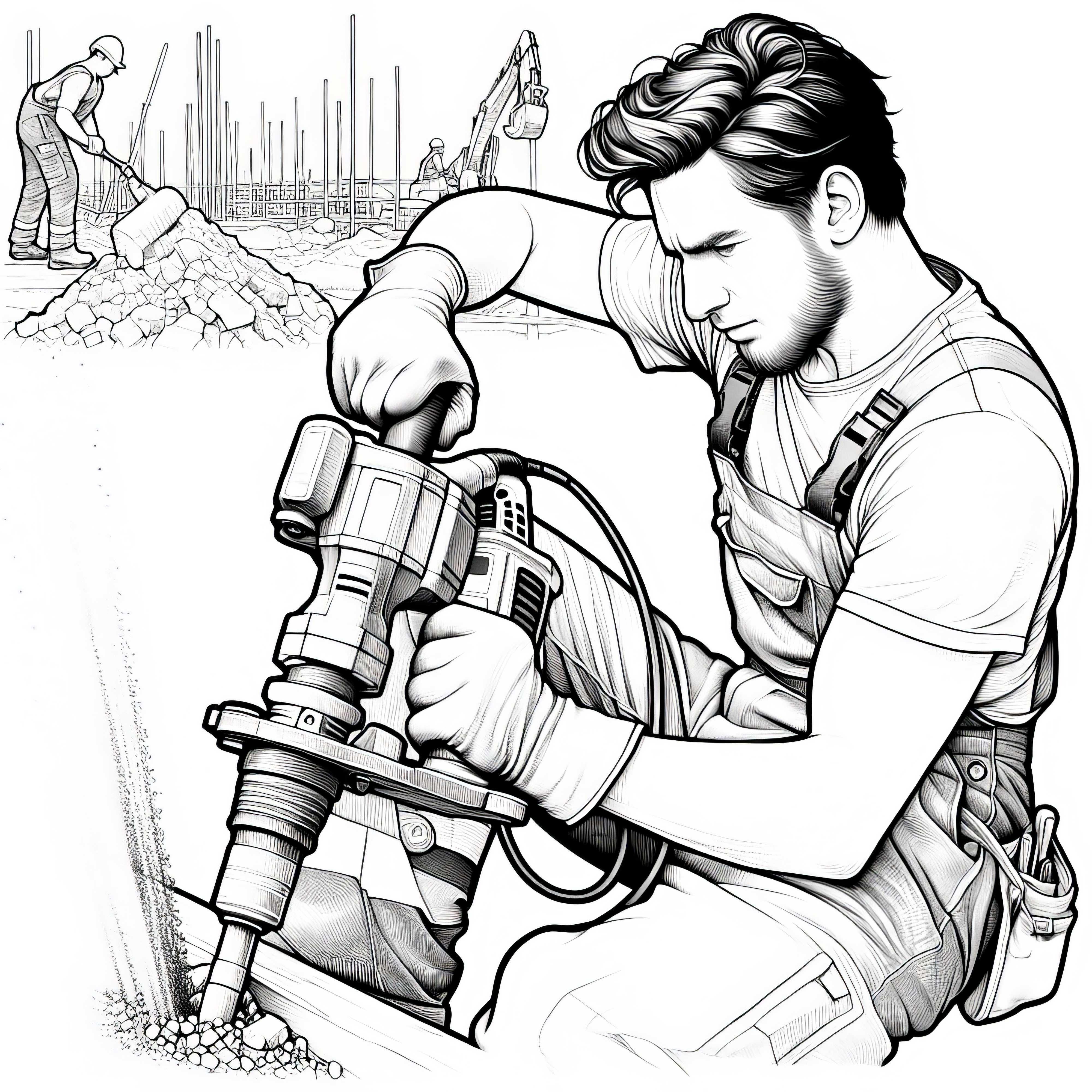 Construction Worker with Jackhammer - Detailed Coloring Page for Free